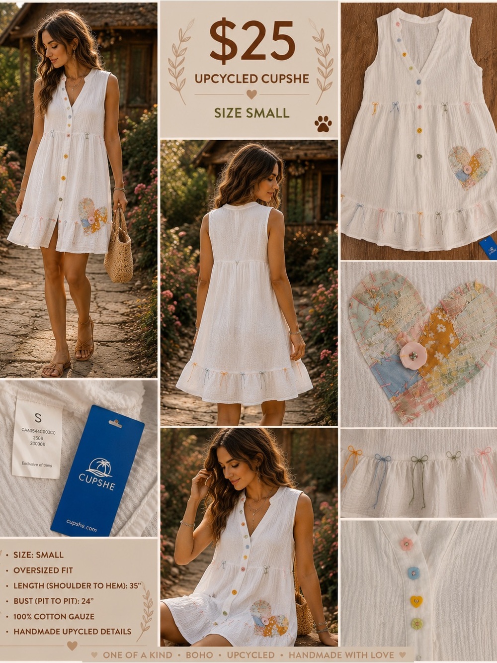 Cupshe White Cotton Gauze Midi Dress with Pastel Heart Patch